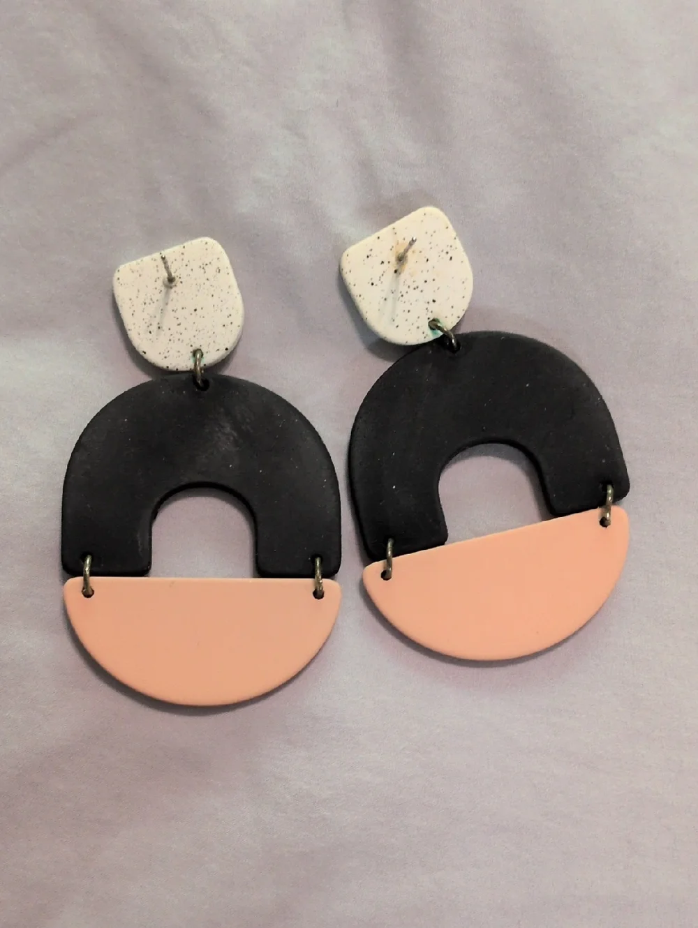 Handmade Geometric Drop Earrings - Pink, Black & White
